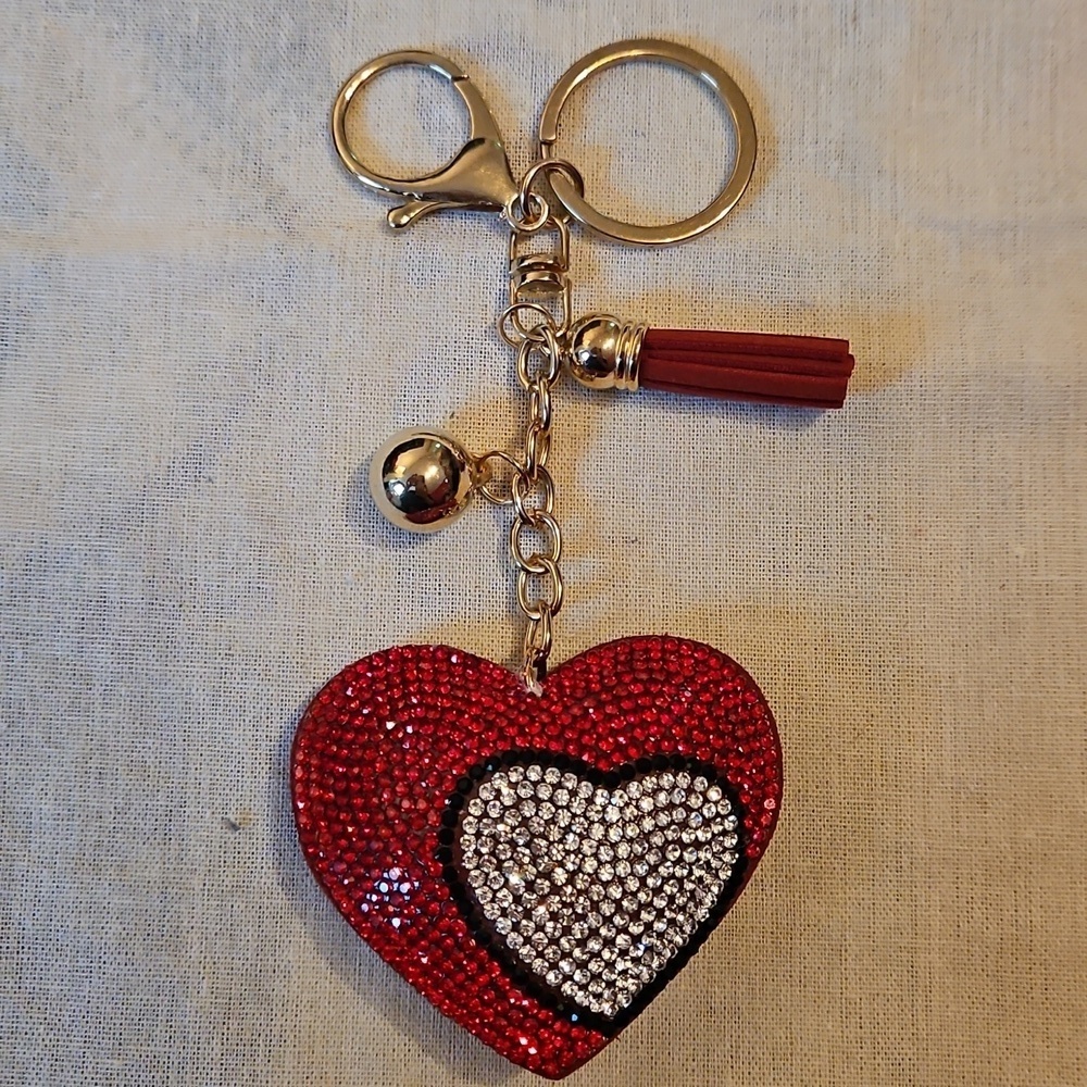 Red & Silver Rhinestone Double Heart Keychain or Purse Charm with Tassel, NWOT